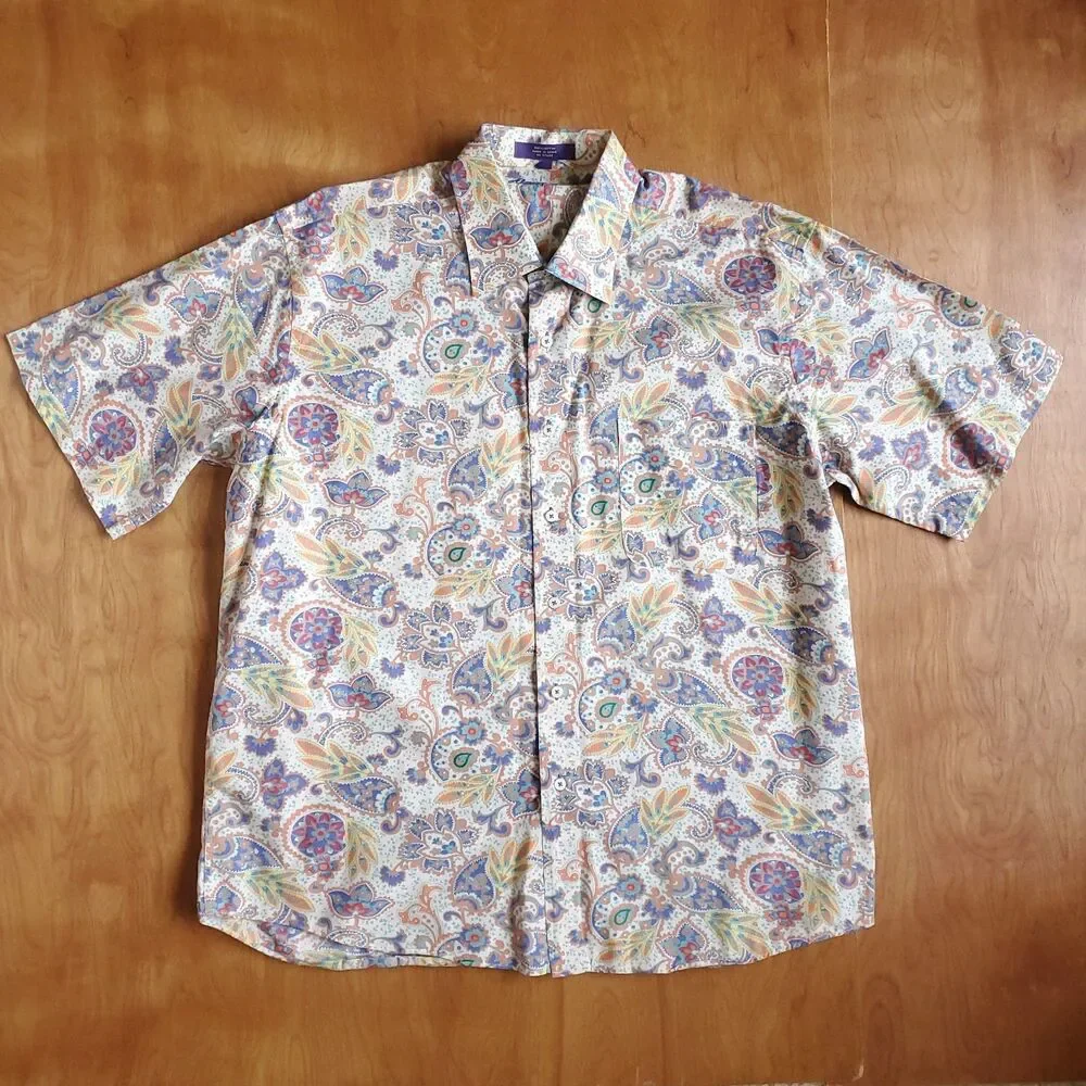 Alan Flusser Paisley Floral Shirt Mens XL Short Sleeve Colorful Cotton Hipster - Picture 5 of 9